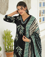 Shadow Black V-Neck Printed Straight 3 Piece Kurta Set with Dupatta