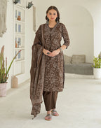 Walnut Brown Glass Neck Bandhani Print Straight 3 Piece Kurta Set with Dupatta