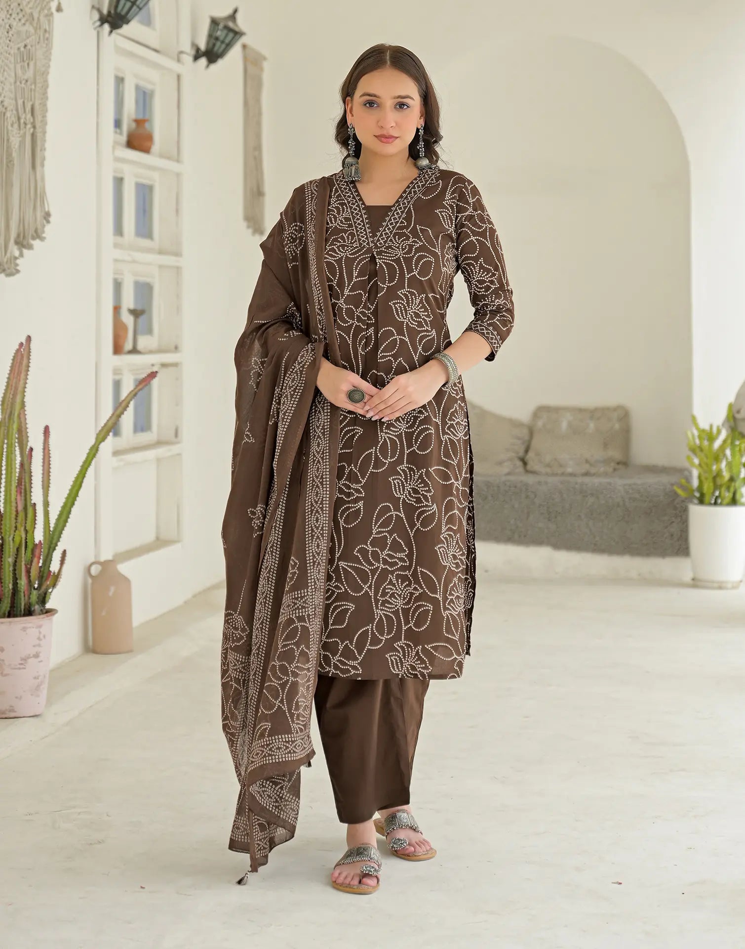 Walnut Brown Glass Neck Bandhani Print Straight 3 Piece Kurta Set with Dupatta