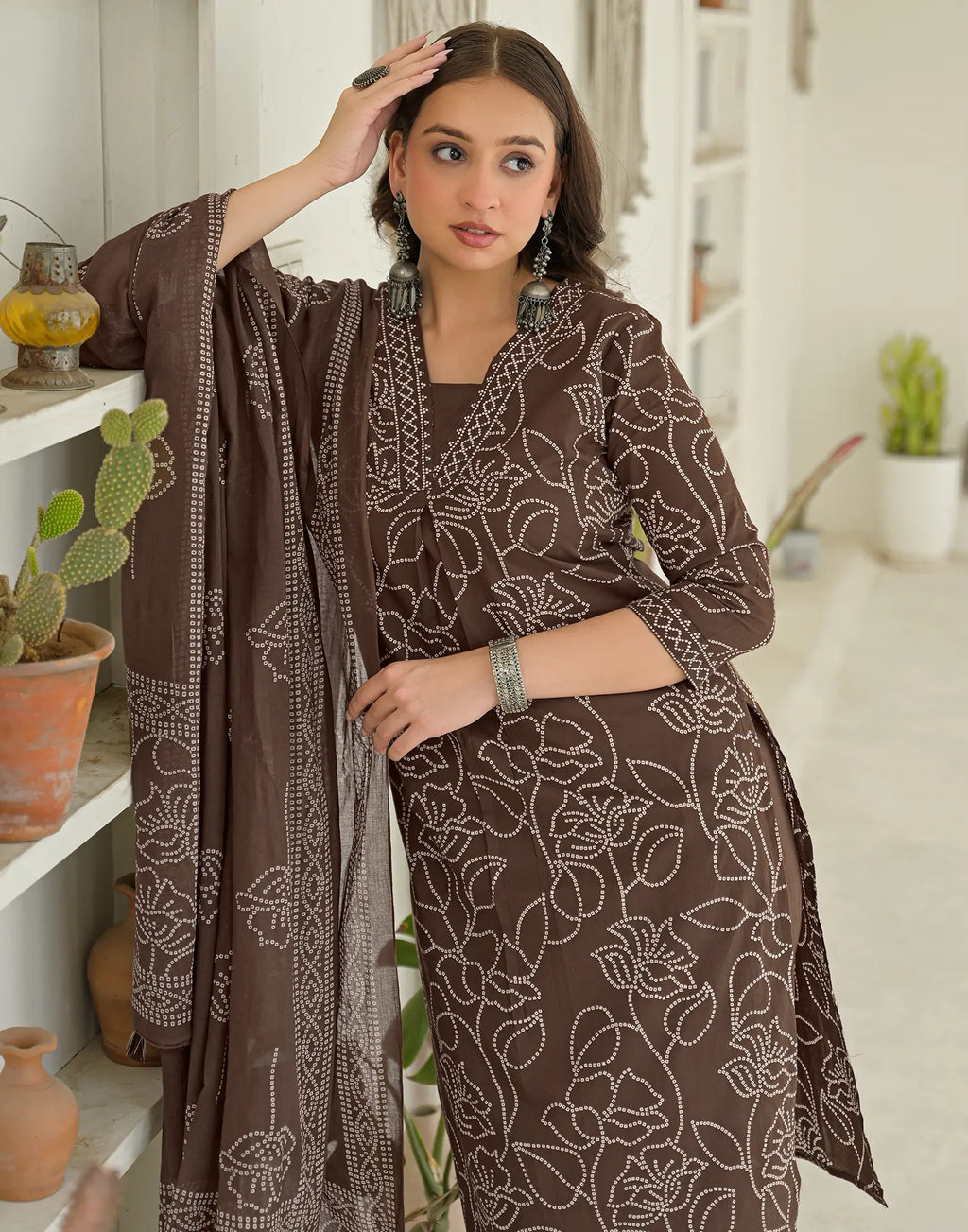 Walnut Brown Glass Neck Bandhani Print Straight 3 Piece Kurta Set with Dupatta