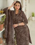 Walnut Brown Glass Neck Bandhani Print Straight 3 Piece Kurta Set with Dupatta