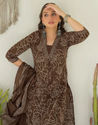 Walnut Brown Glass Neck Bandhani Print Straight 3 Piece Kurta Set with Dupatta