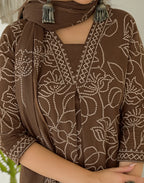 Walnut Brown Glass Neck Bandhani Print Straight 3 Piece Kurta Set with Dupatta