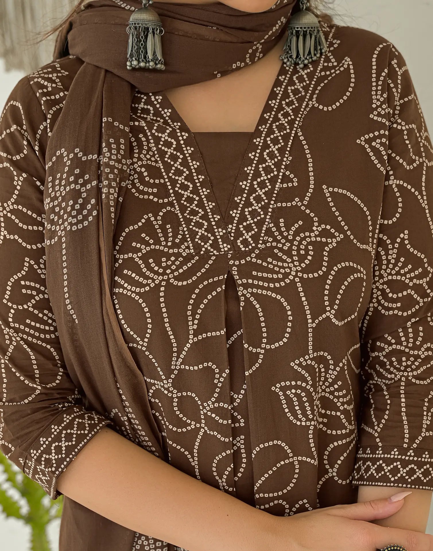 Walnut Brown Glass Neck Bandhani Print Straight 3 Piece Kurta Set with Dupatta