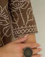 Walnut Brown Glass Neck Bandhani Print Straight 3 Piece Kurta Set with Dupatta