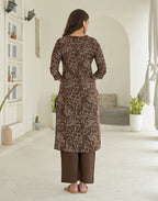 Walnut Brown Glass Neck Bandhani Print Straight 3 Piece Kurta Set with Dupatta