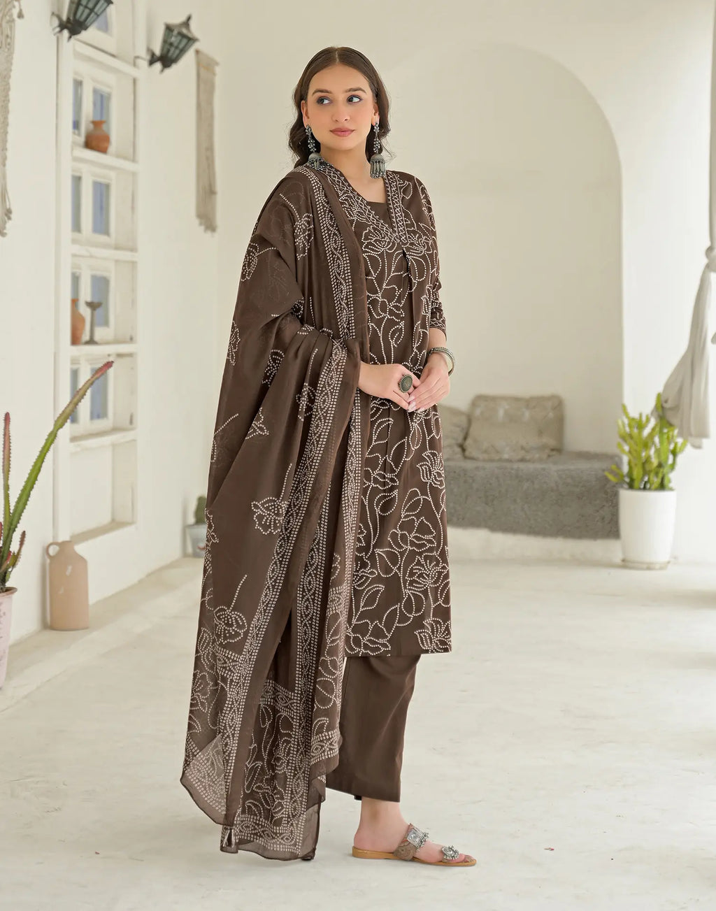 Walnut Brown Glass Neck Bandhani Print Straight 3 Piece Kurta Set with Dupatta