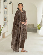 Walnut Brown Glass Neck Bandhani Print Straight 3 Piece Kurta Set with Dupatta