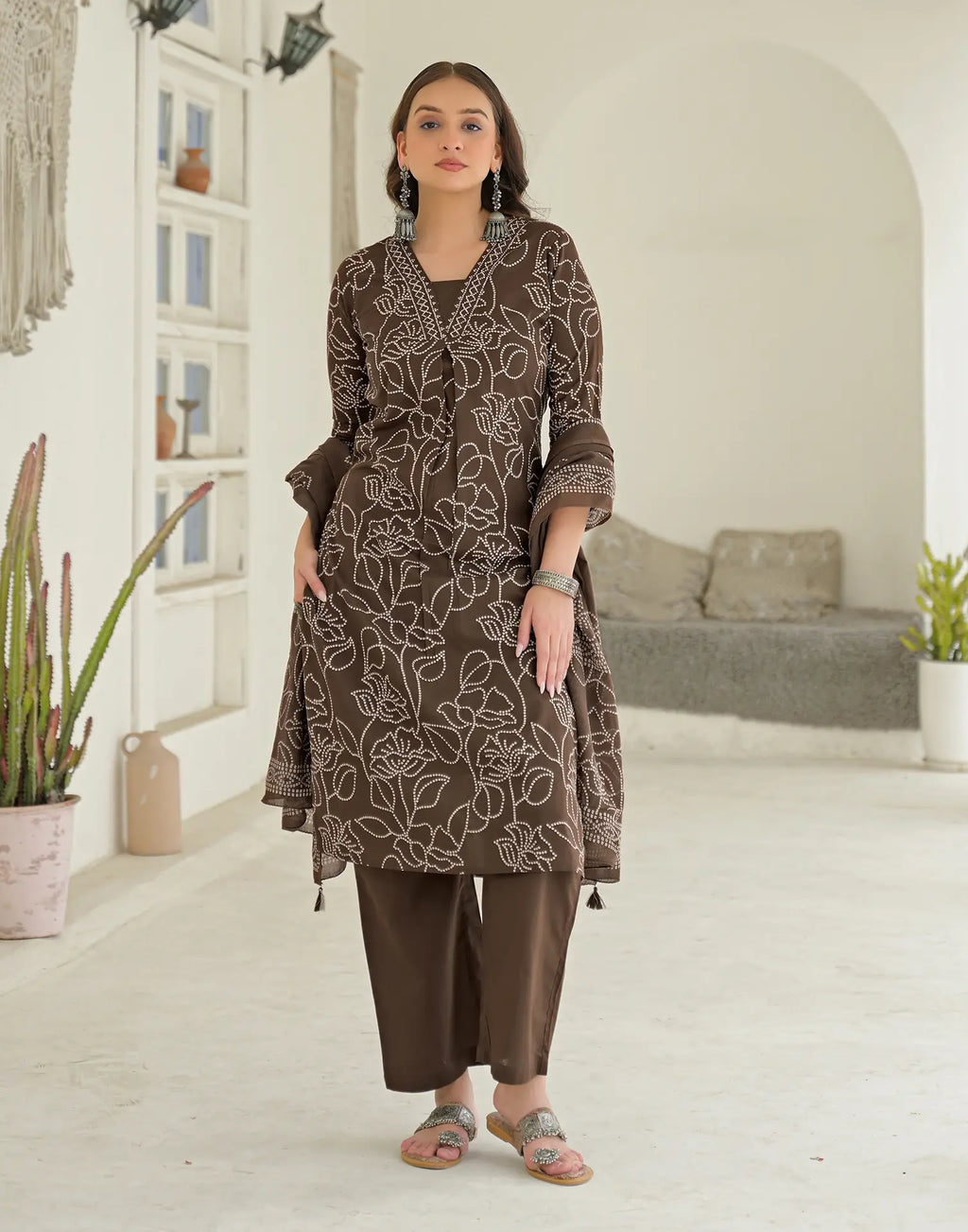 Walnut Brown Glass Neck Bandhani Print Straight 3 Piece Kurta Set with Dupatta