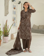 Walnut Brown Glass Neck Bandhani Print Straight 3 Piece Kurta Set with Dupatta