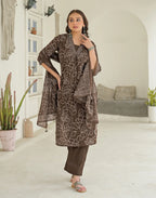 Walnut Brown Glass Neck Bandhani Print Straight 3 Piece Kurta Set with Dupatta