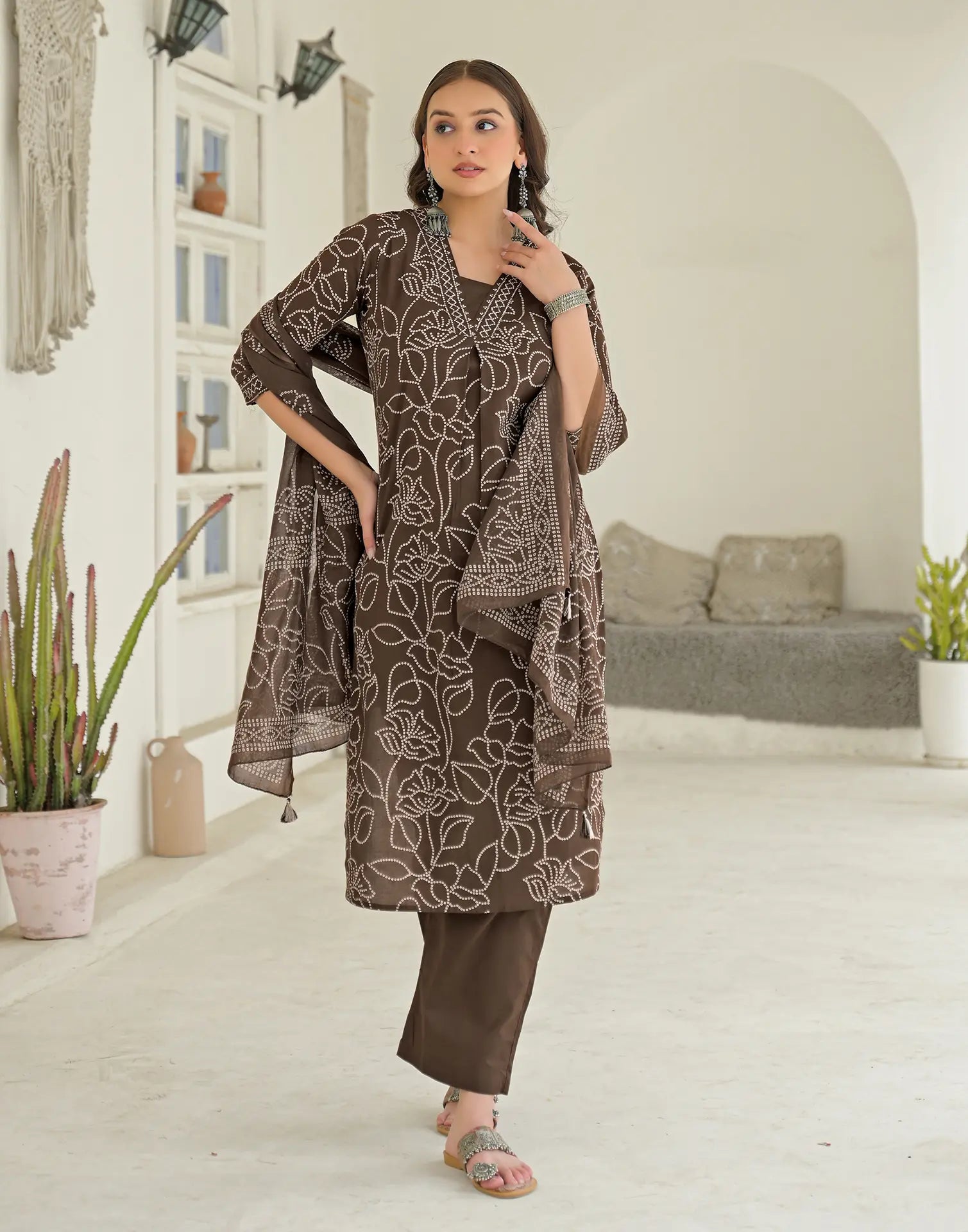 Walnut Brown Glass Neck Bandhani Print Straight 3 Piece Kurta Set with Dupatta