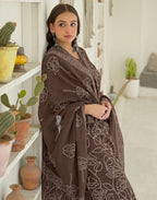 Walnut Brown Glass Neck Bandhani Print Straight 3 Piece Kurta Set with Dupatta