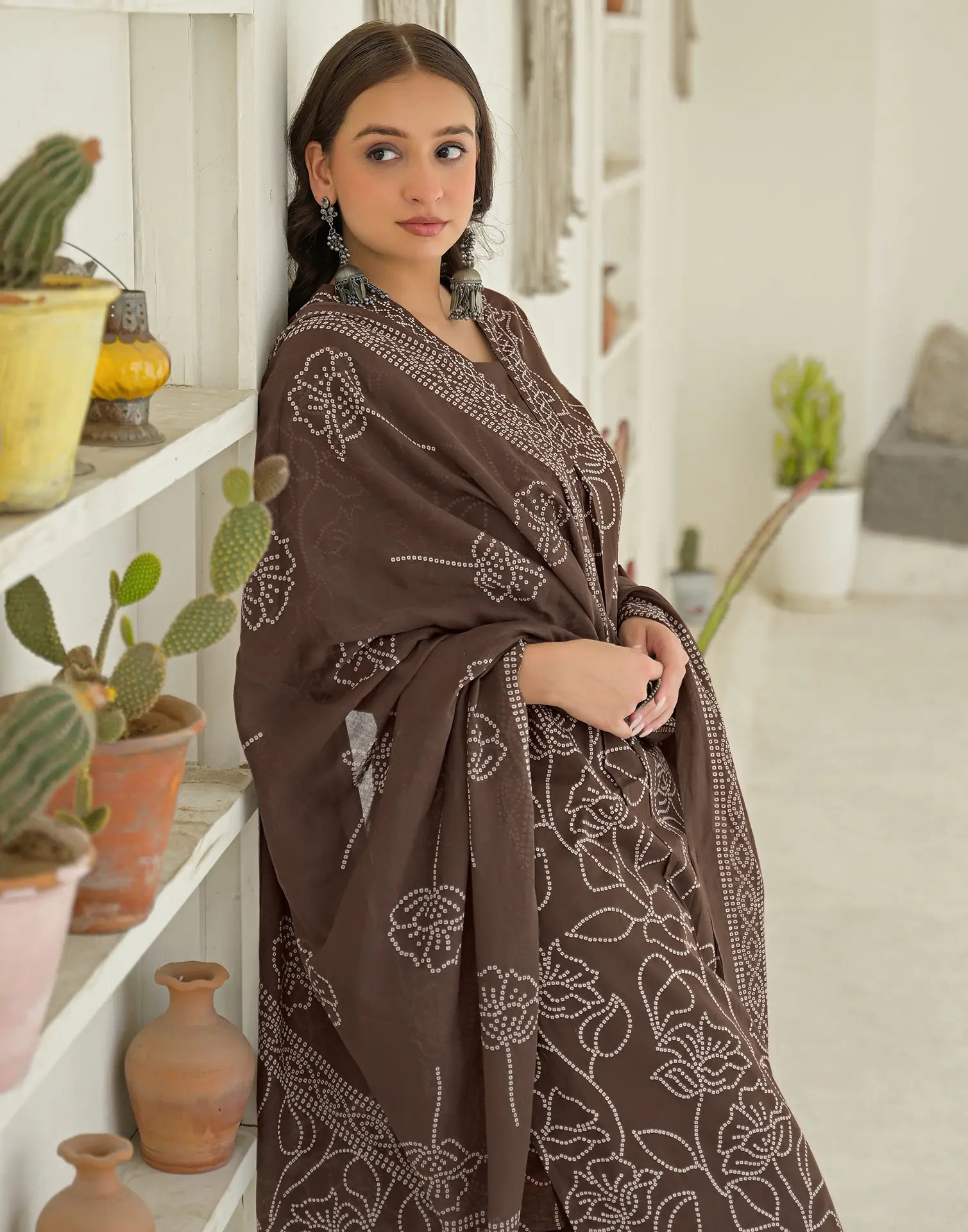 Walnut Brown Glass Neck Bandhani Print Straight 3 Piece Kurta Set with Dupatta