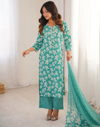 Skylee Cotton Printed Straight 3 Piece Kurta Set For Woman