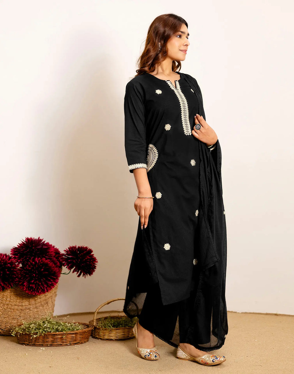 Skylee Cotton Embroidered Straight 3 Piece Kurta Set For Woman