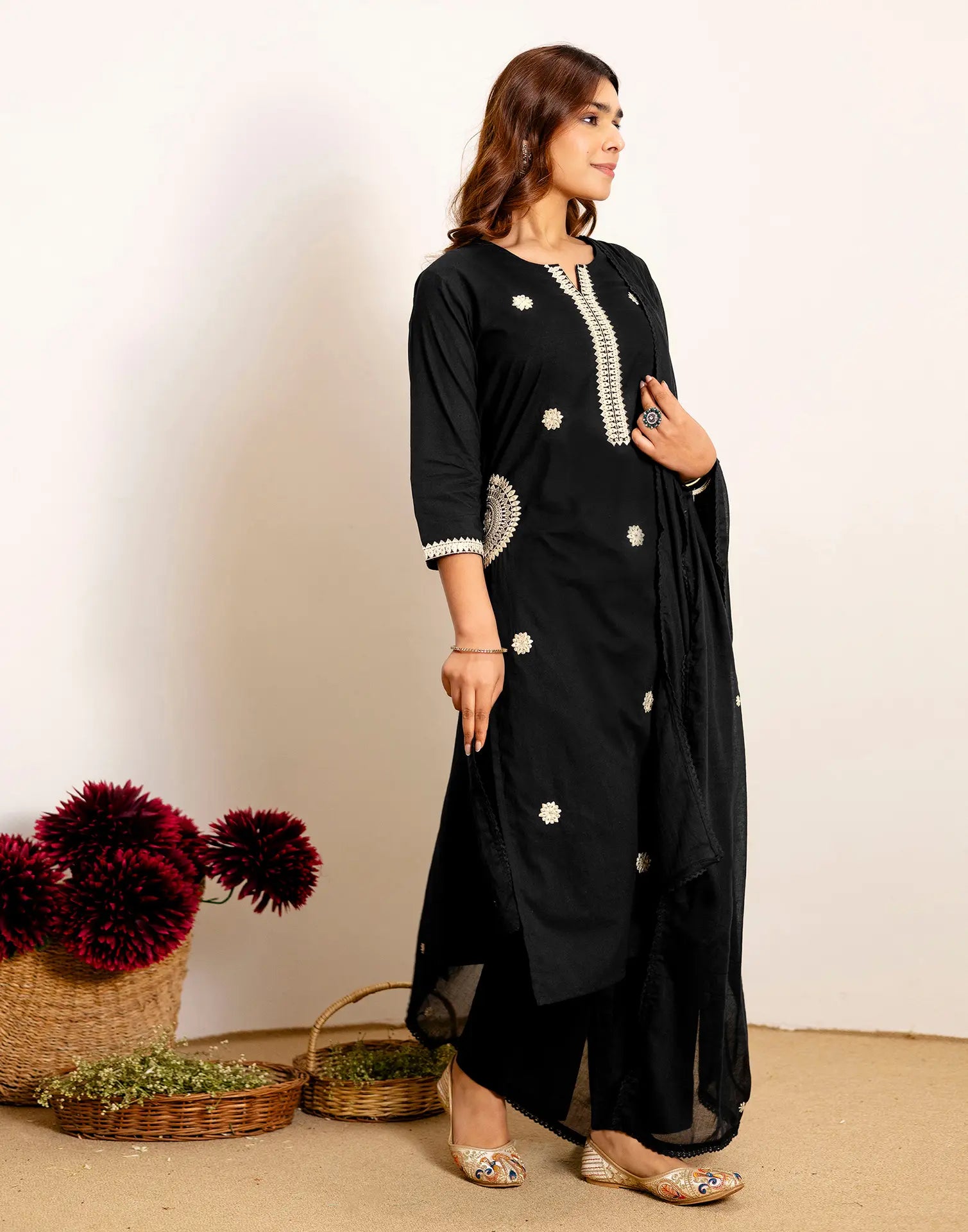 Skylee Cotton Embroidered Straight 3 Piece Kurta Set For Woman