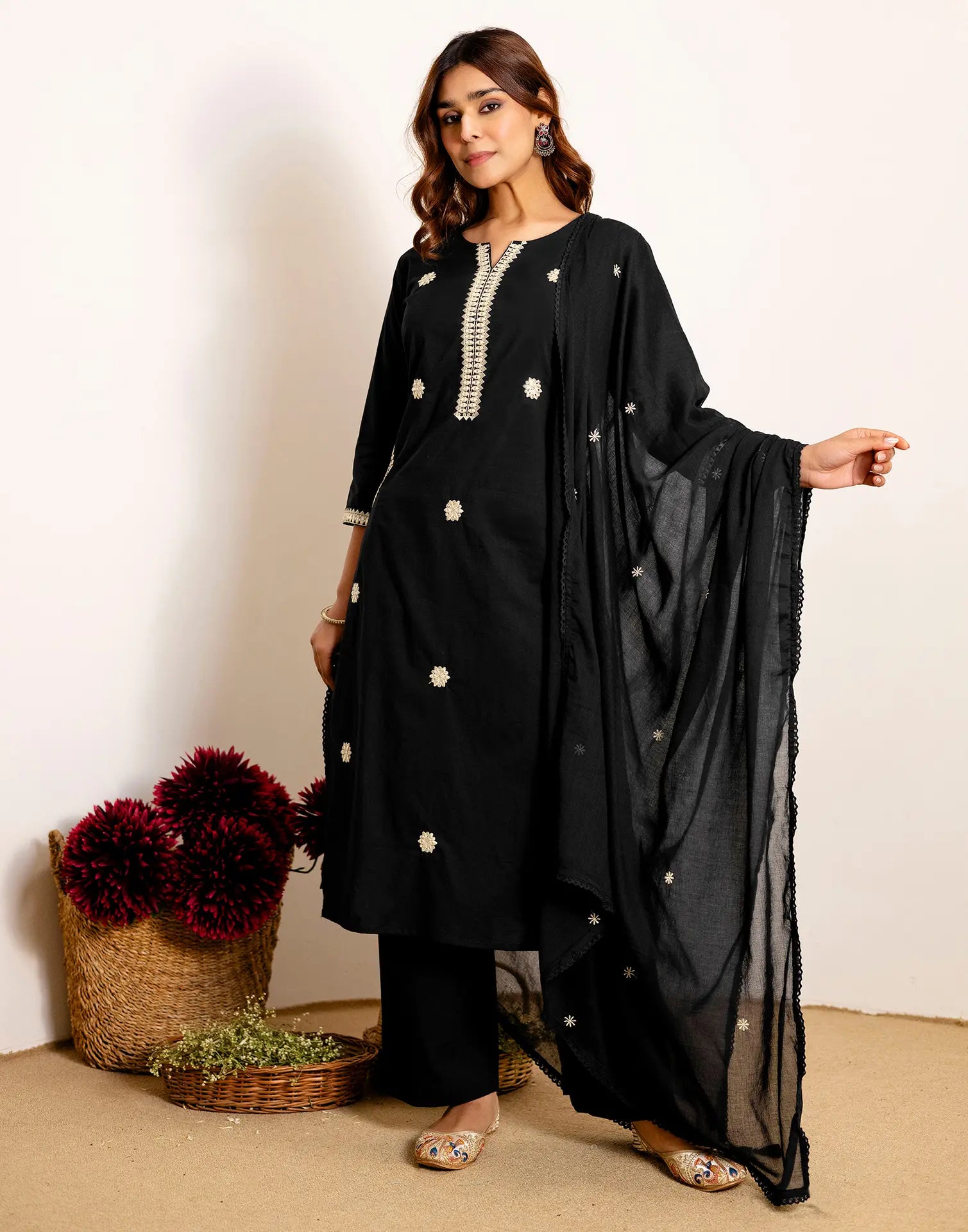 Skylee Cotton Embroidered Straight 3 Piece Kurta Set For Woman