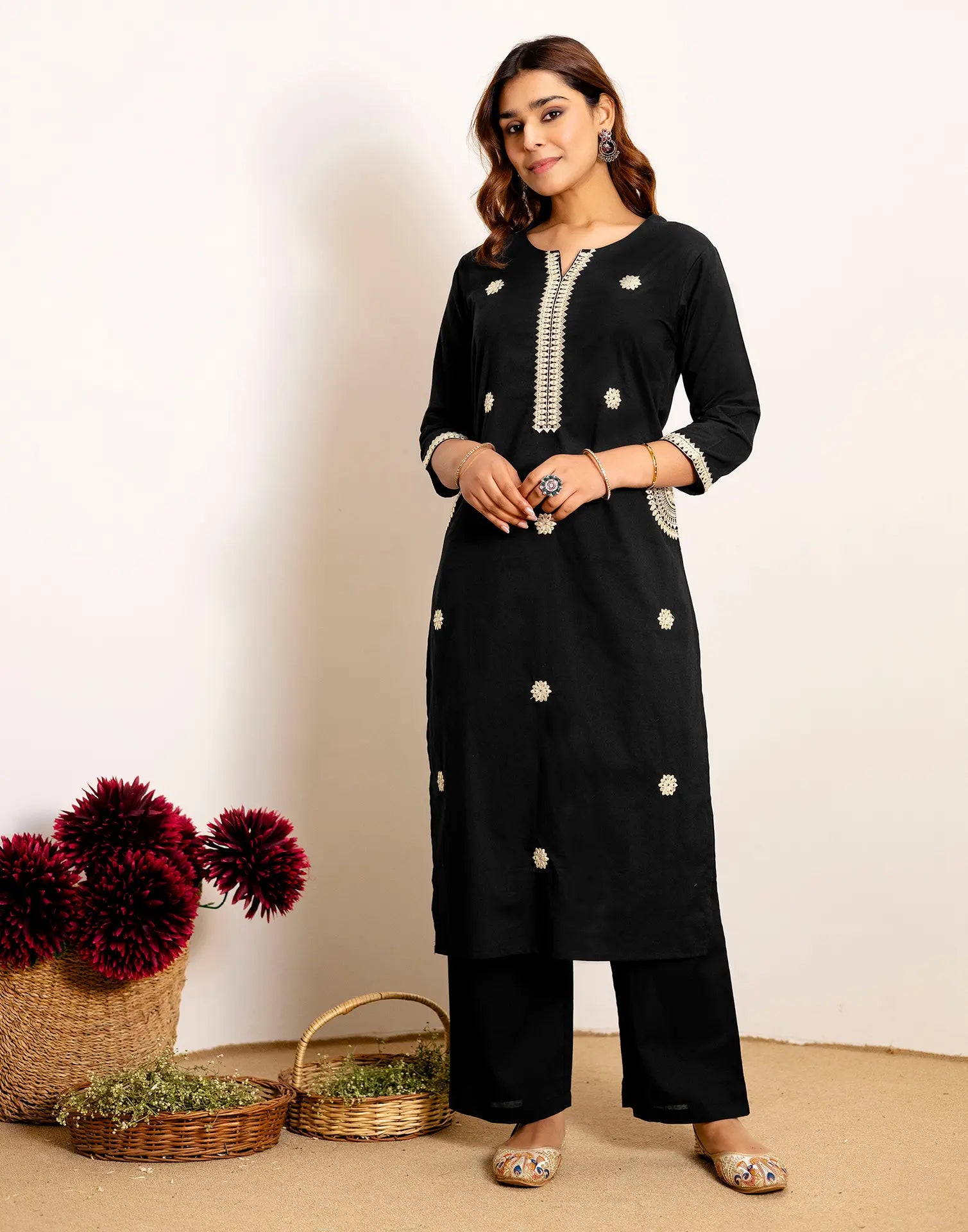 Skylee Cotton Embroidered Straight 3 Piece Kurta Set For Woman
