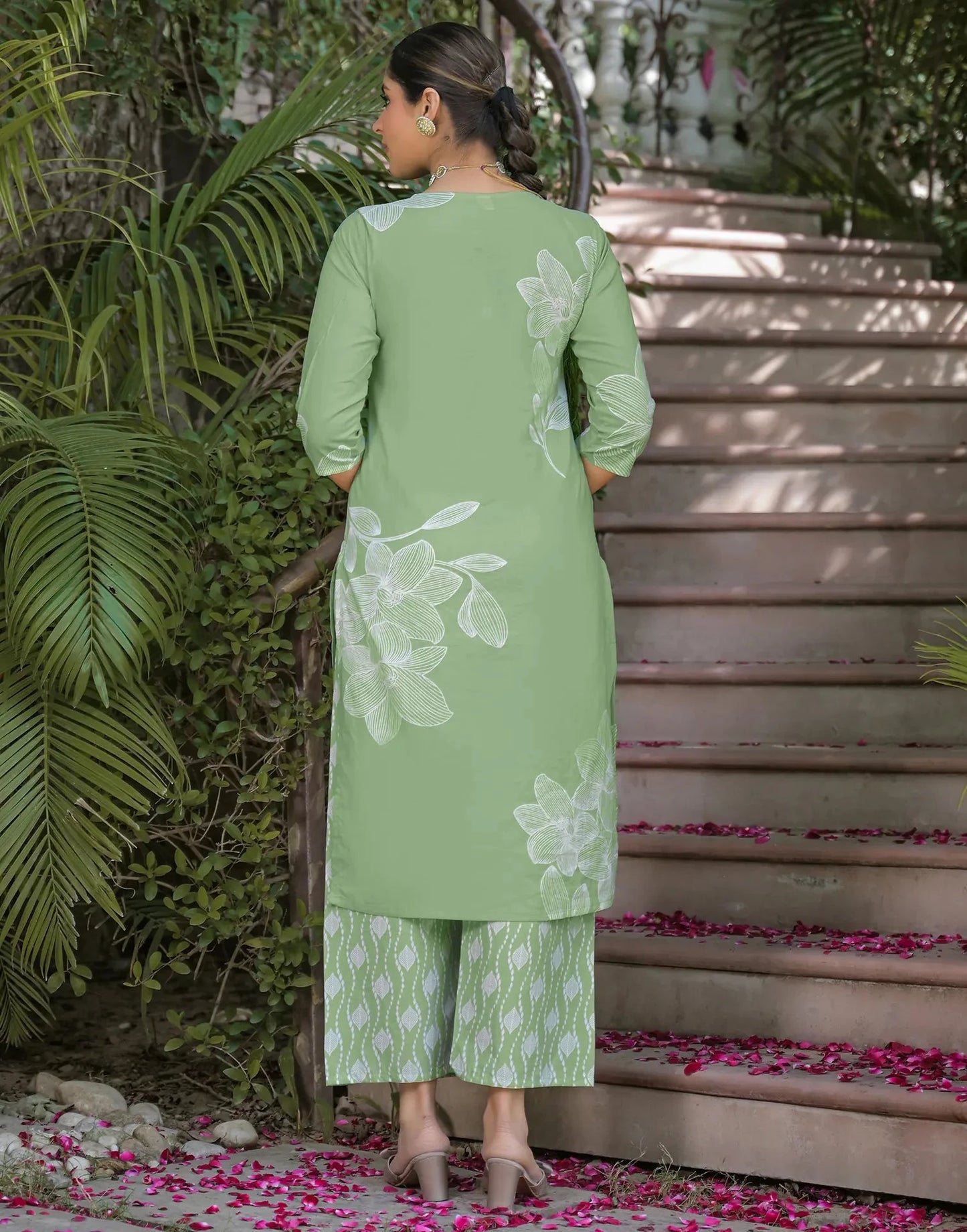 Cotton Printed V-Neck Straight Kurta with Pant & Dupatta