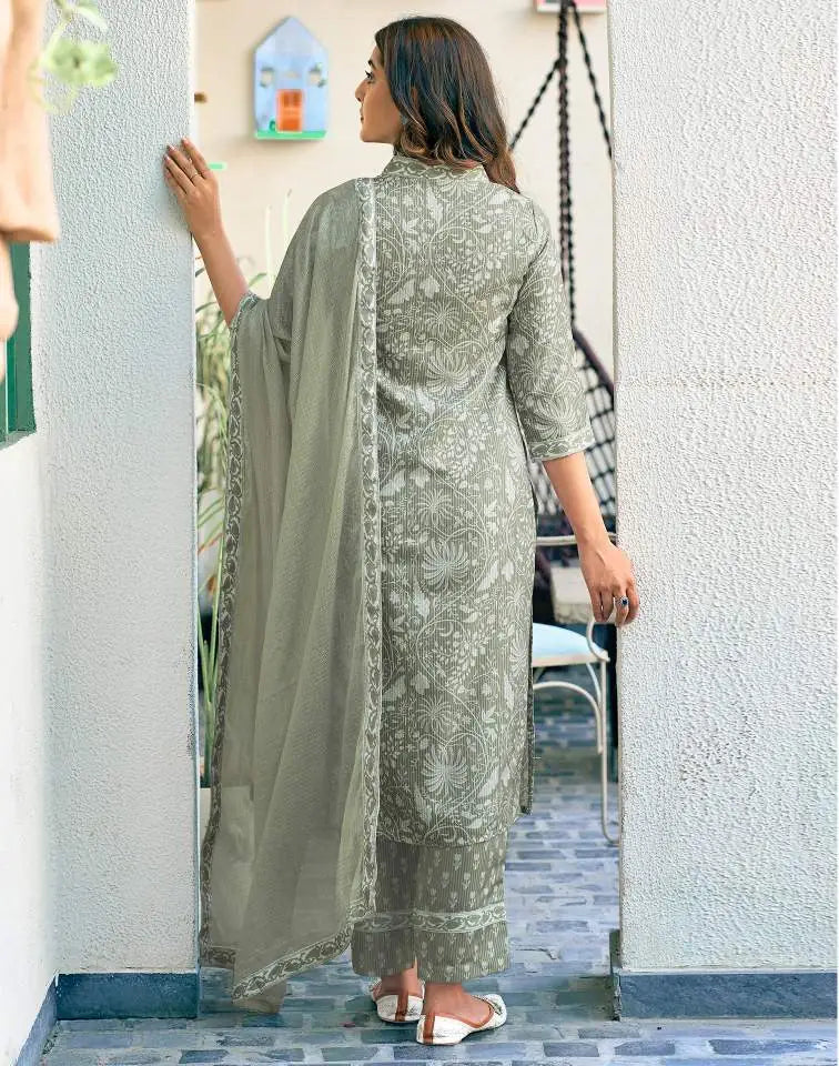 Skylee Tea Green Silk Floral Printed V Neck 3/4 Sleeve Straight Kurta Set with Pant & Dupatta for Women