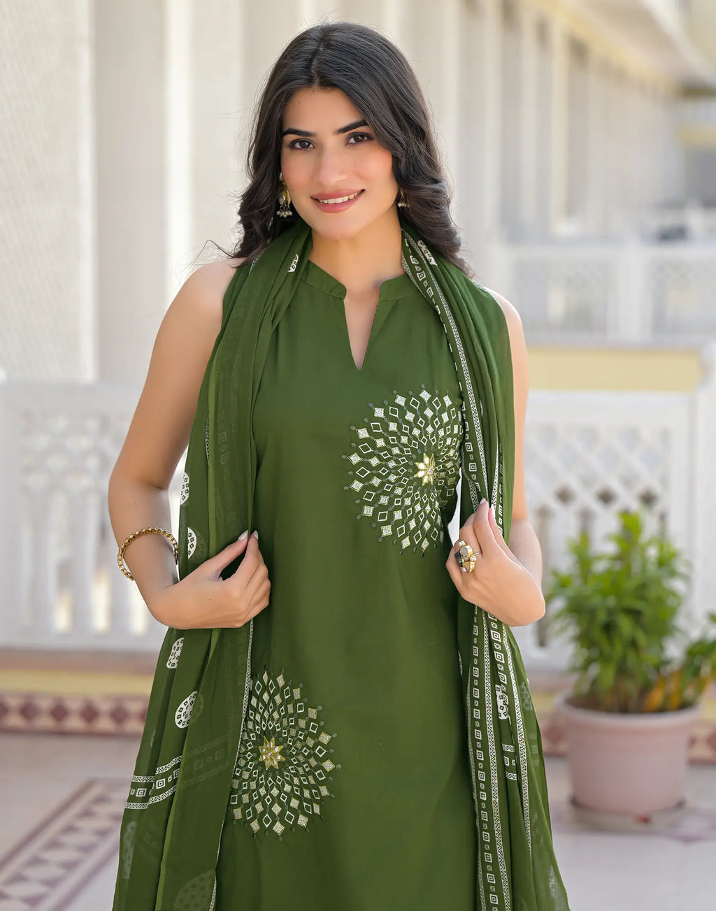 Skylee Cotton Embroidered Straight 3 Piece Kurta Set For Woman