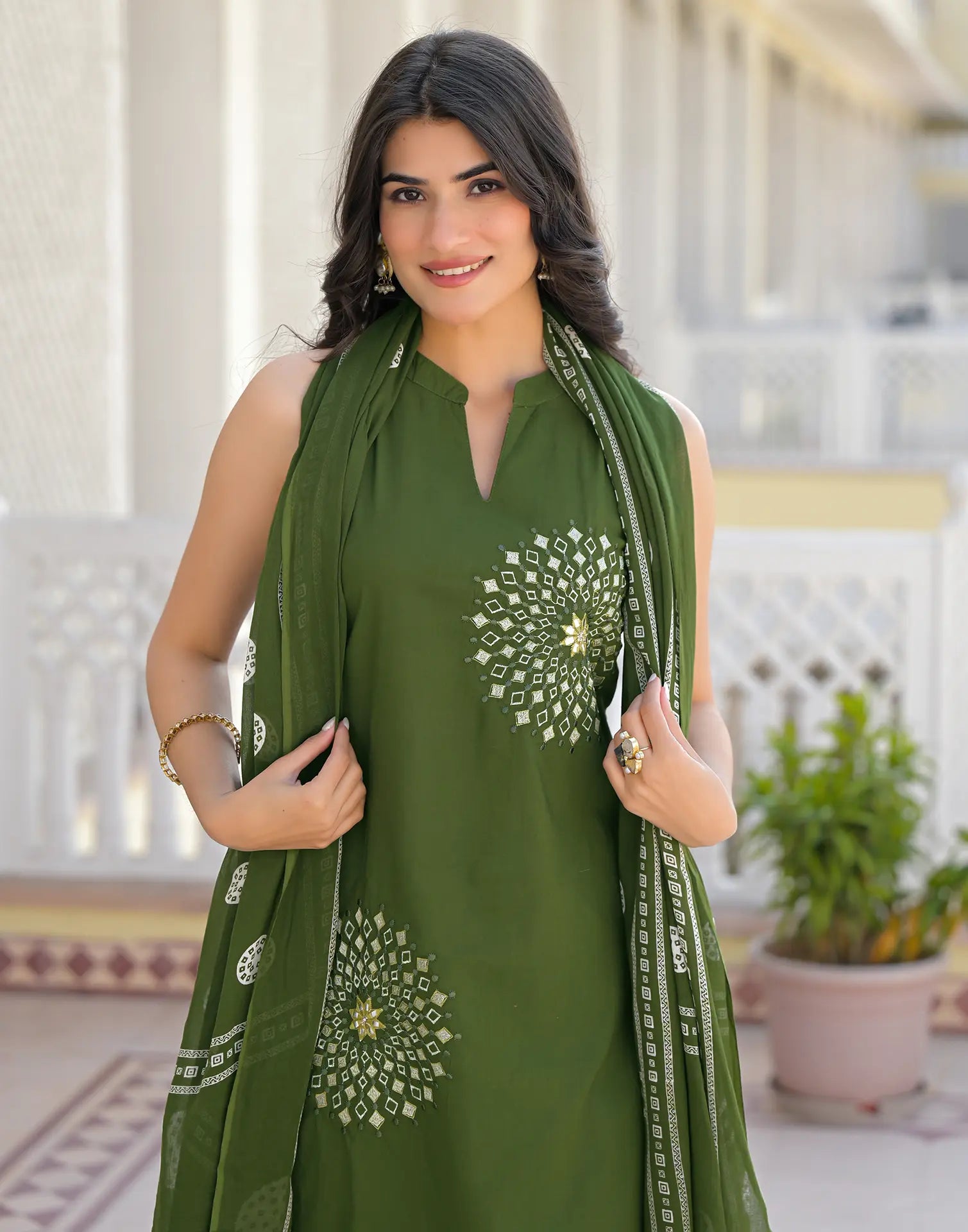 Skylee Cotton Embroidered Straight 3 Piece Kurta Set For Woman