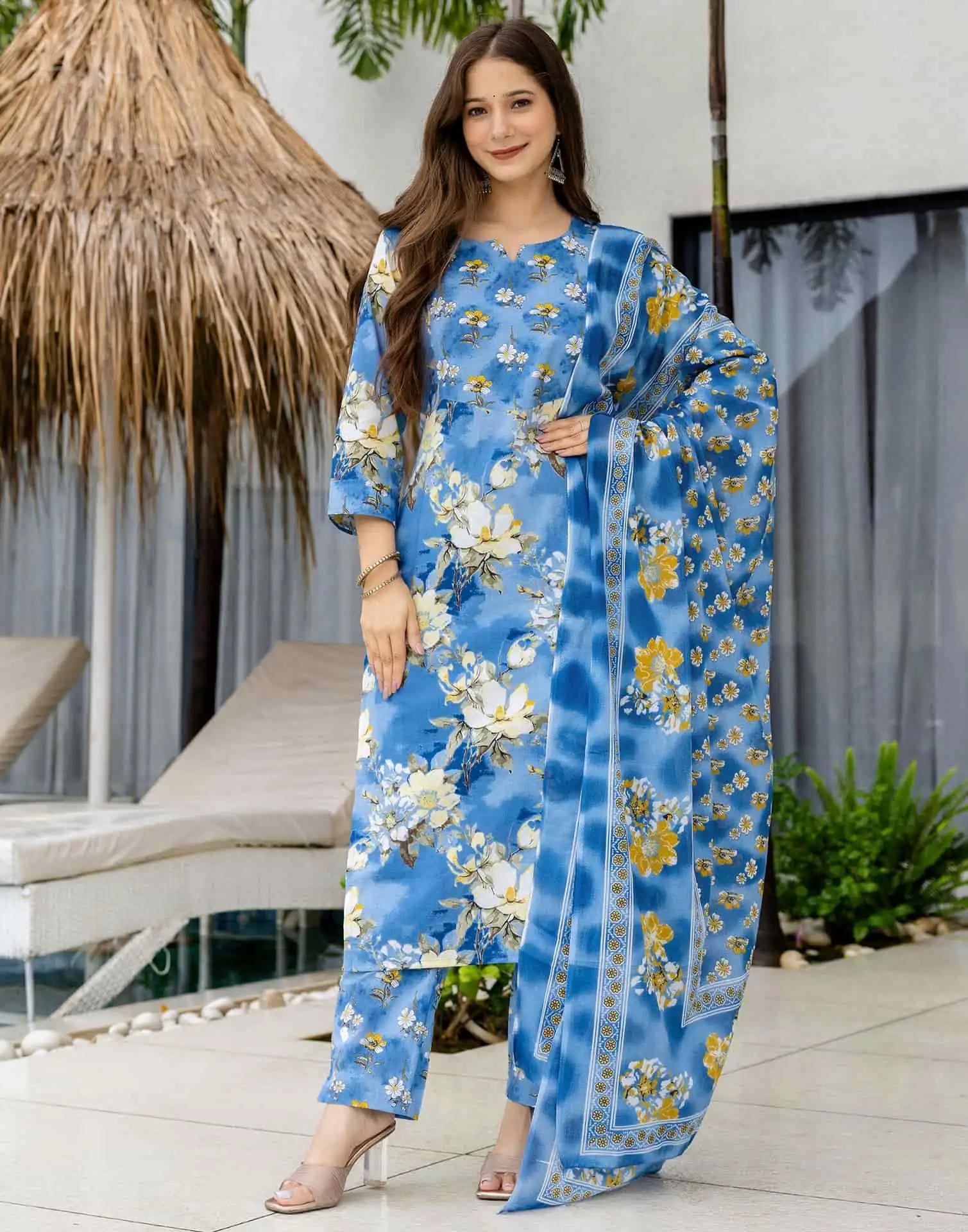 Skylee Viscose Rayon Floral Print Straight 3 Piece Kurta Set For Woman