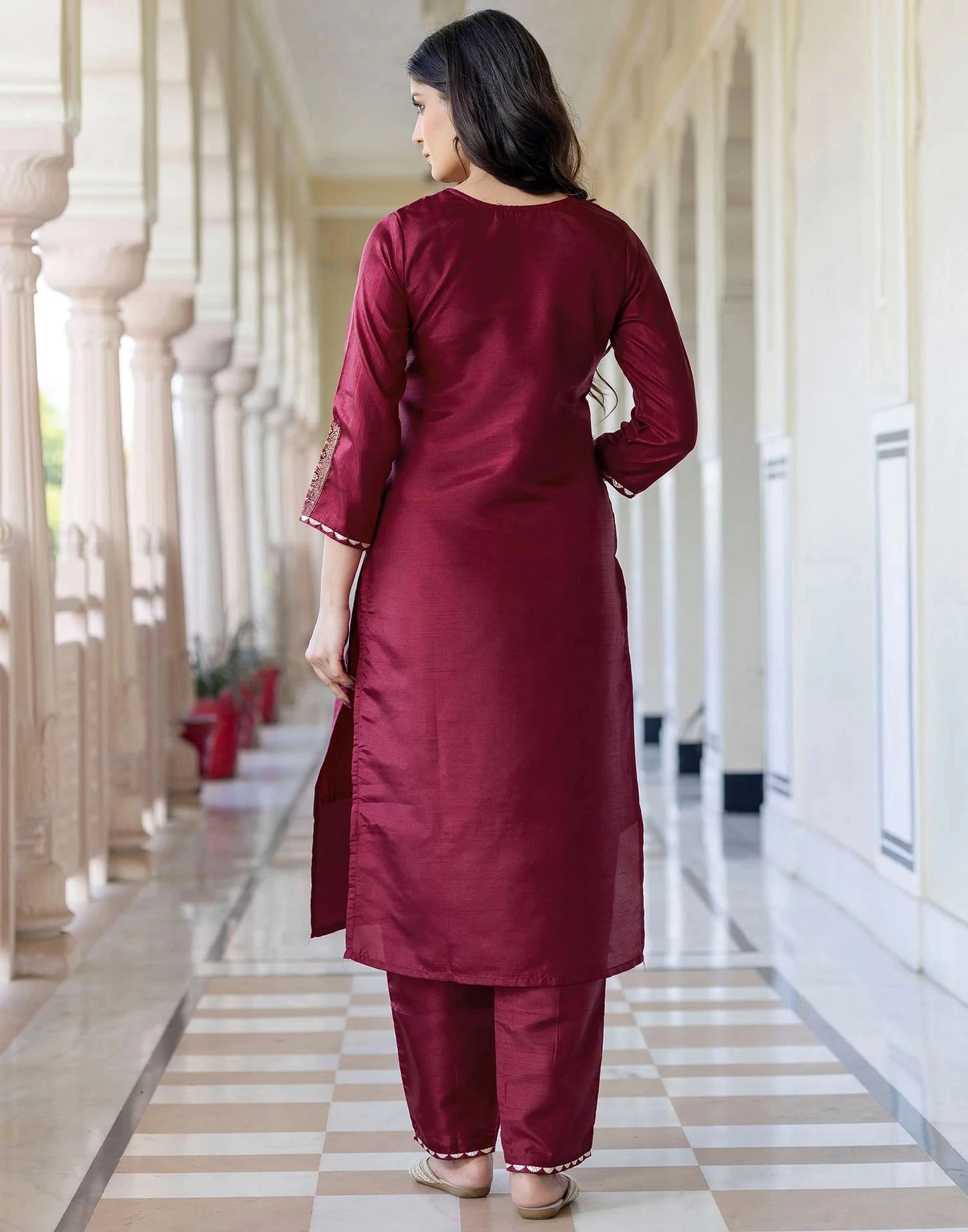 Maroon Silk Embroidered Straight Kurta with Pant & Dupatta for Women