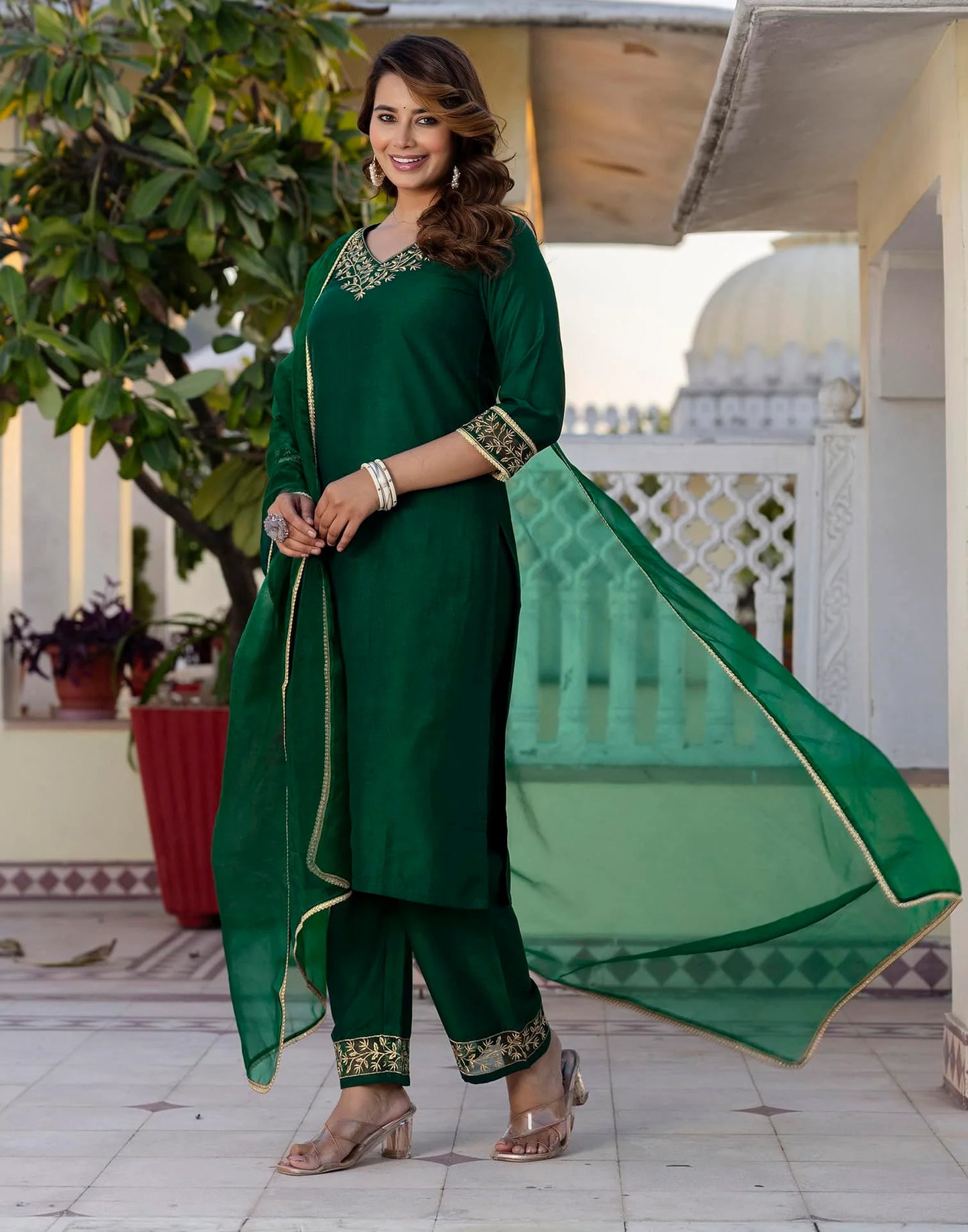 Silk Blend Sequins, Embroidery and Lace Straight Kurta with Pant & Dupatta