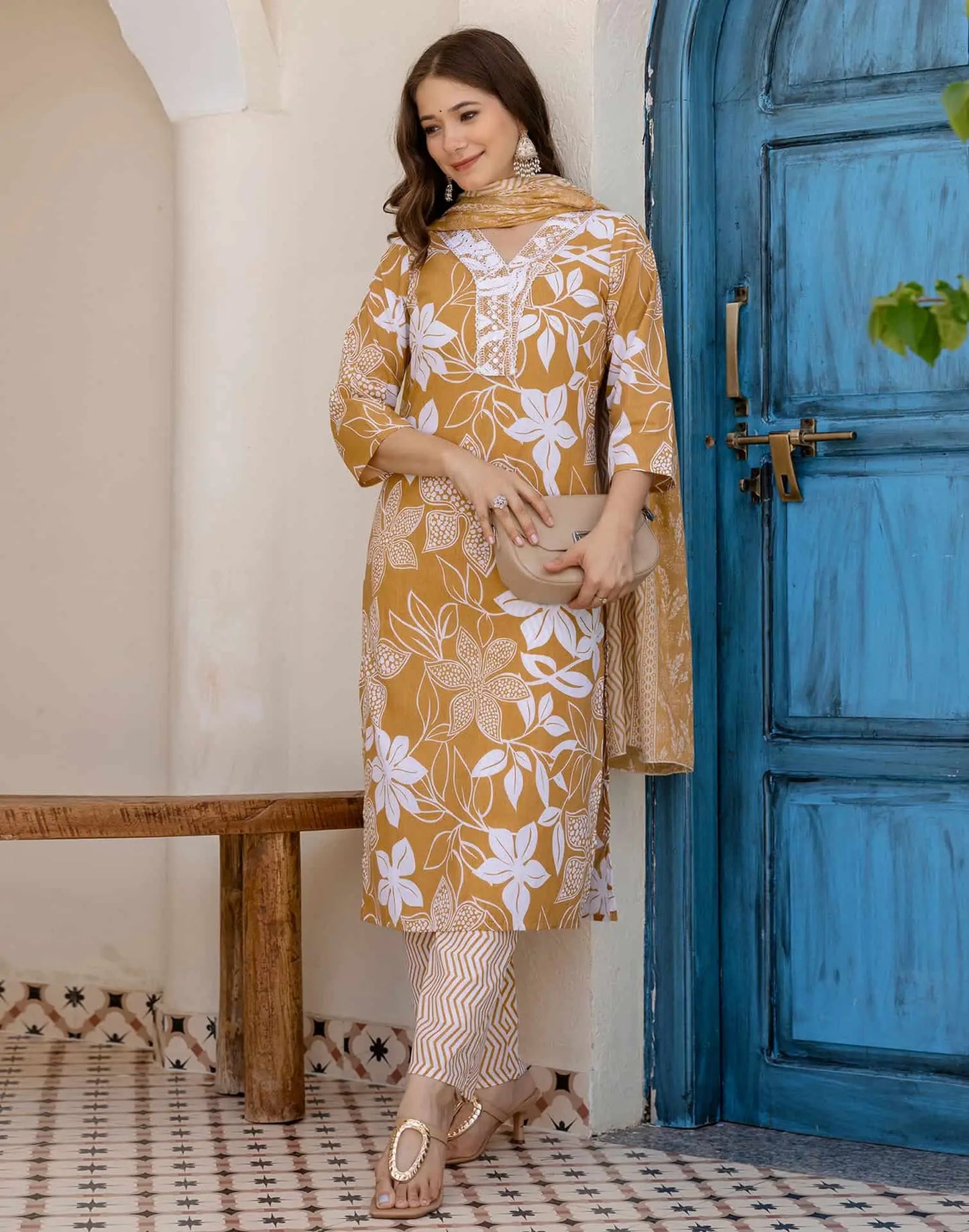Cotton Straight Printed V-Neck Kurta with Pant & Dupatta