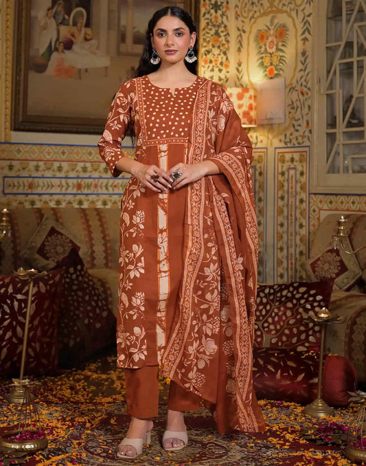 Cotton Straight Printed V-Neck Kurta with Pant & Dupatta