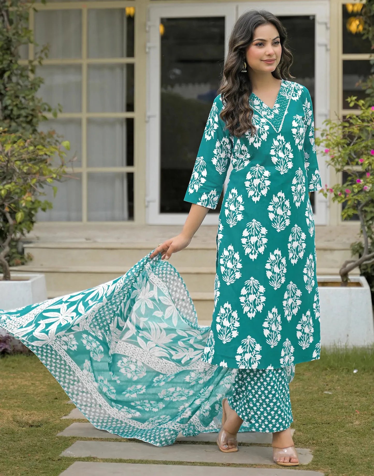Cotton Embroidered V-Neck Straight Kurta with Pant & Dupatta