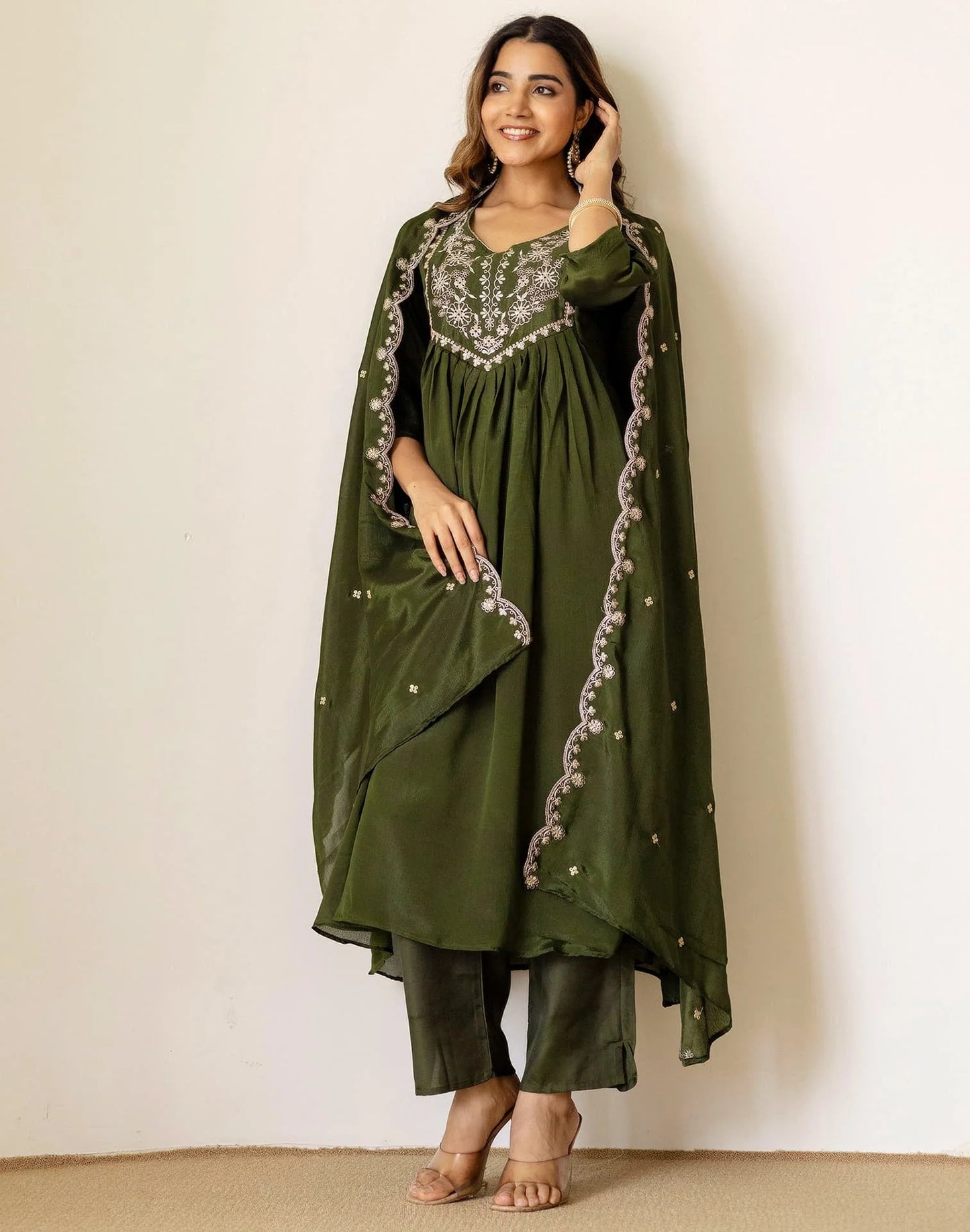 Green Silk Sequin Anarkali Kurta Set with Pant & Dupatta under 1299 