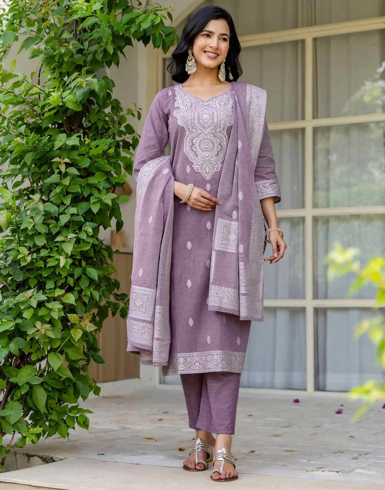V Neck Cotton Kurta Set with Dupatta Under 1299 for Festive Wear