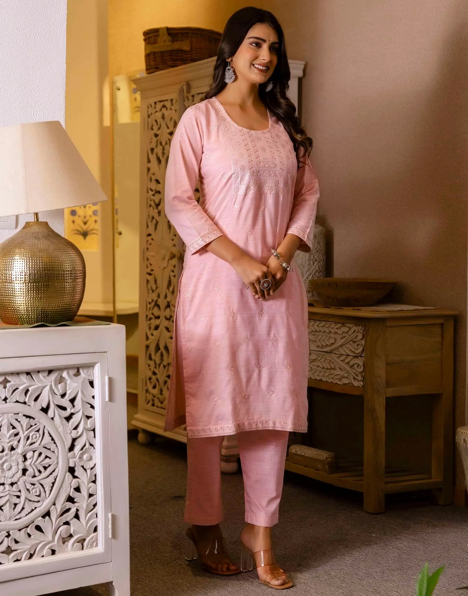 Pink Cotton Woven Design Straight Kurta Set for Women with Pant and Dupatta