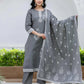 Grey Cotton Woven Straight Kurta Set with Pant & Dupatta under 1250 