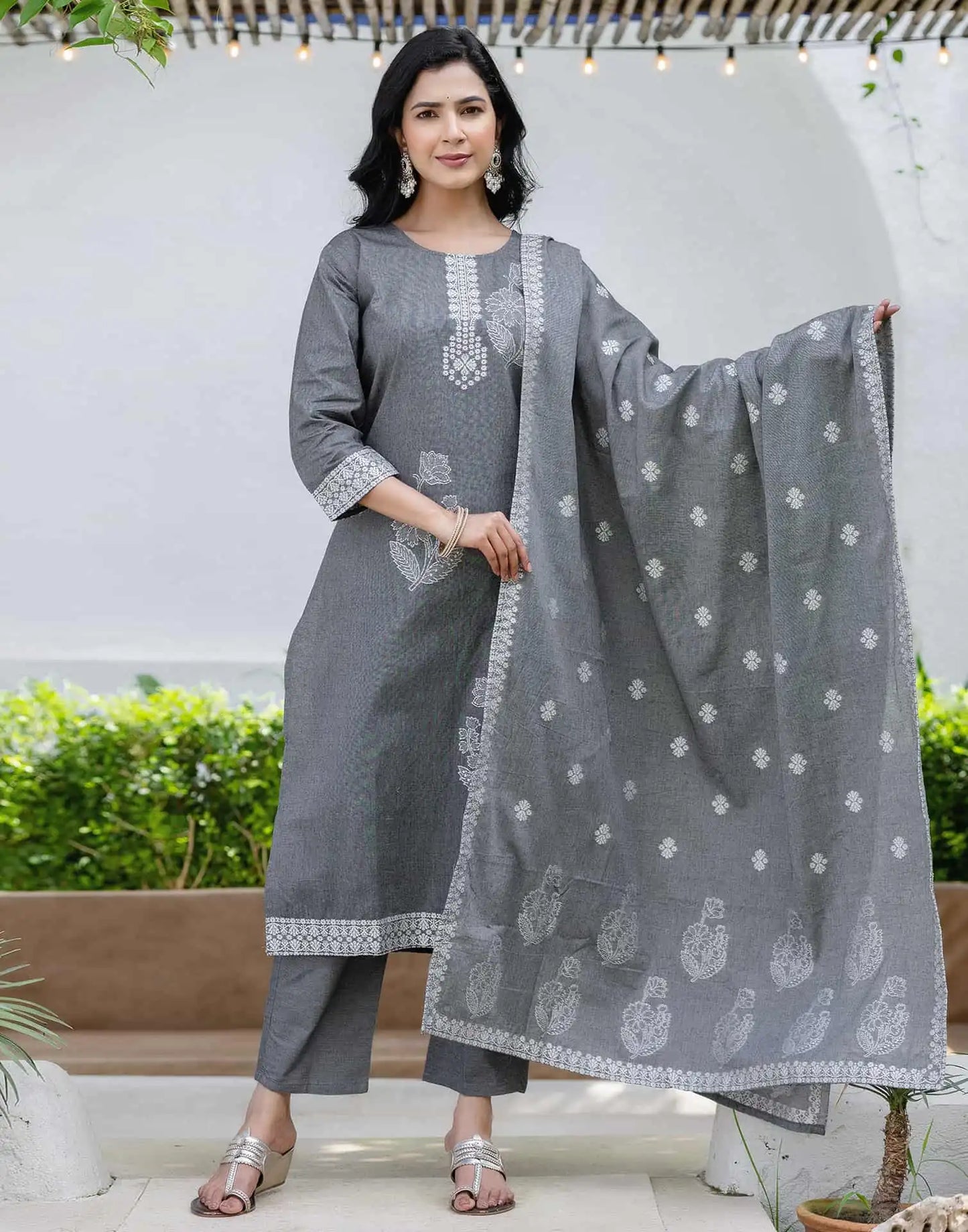 Grey Cotton Woven Straight Kurta Set with Pant & Dupatta under 1250 