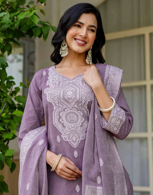 V Neck Cotton Kurta Set with Dupatta Under 1299 for Festive Wear