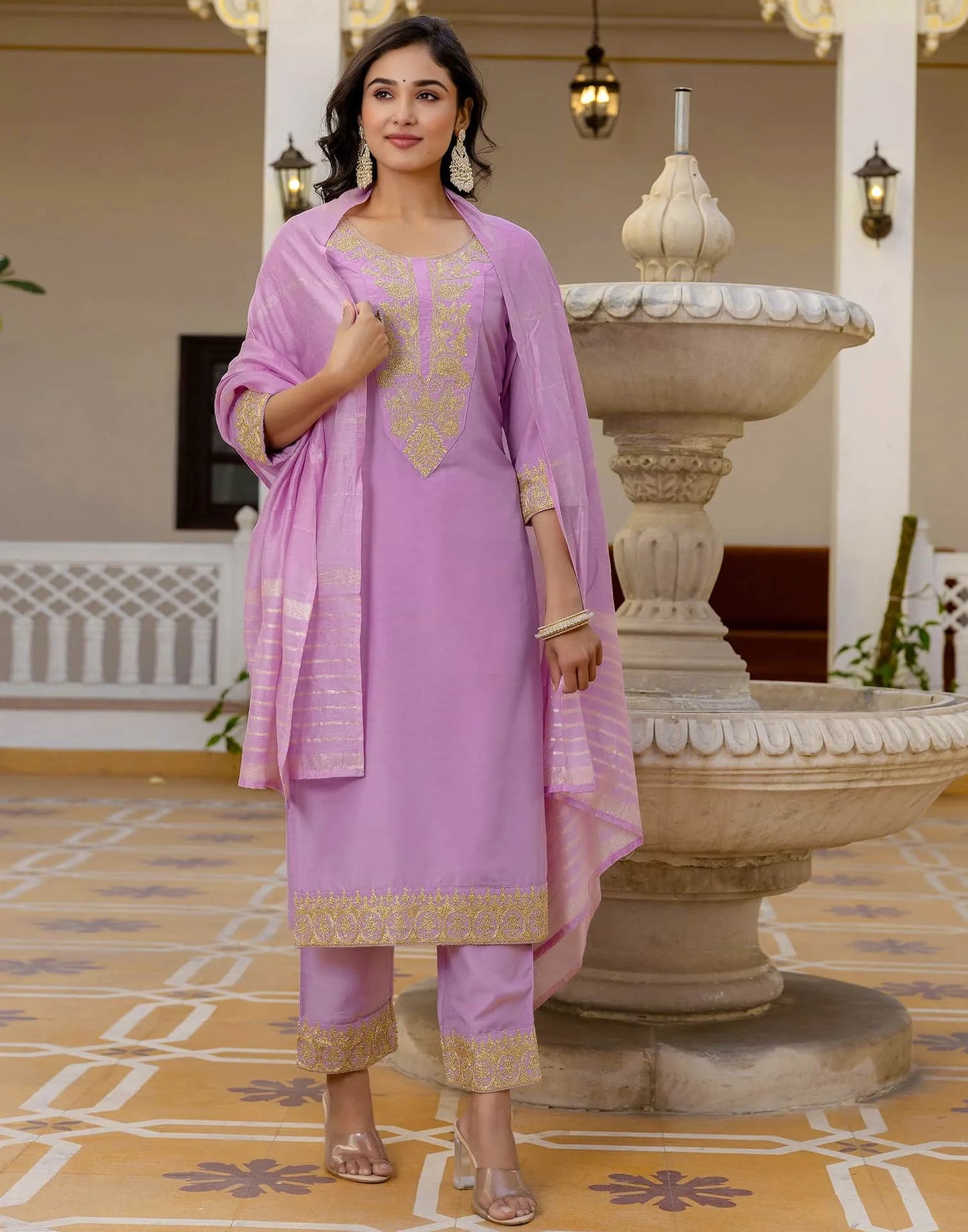 Silk Blend Embroidery Work and Embroidery Lace Straight Kurta with Pant & Dupatta