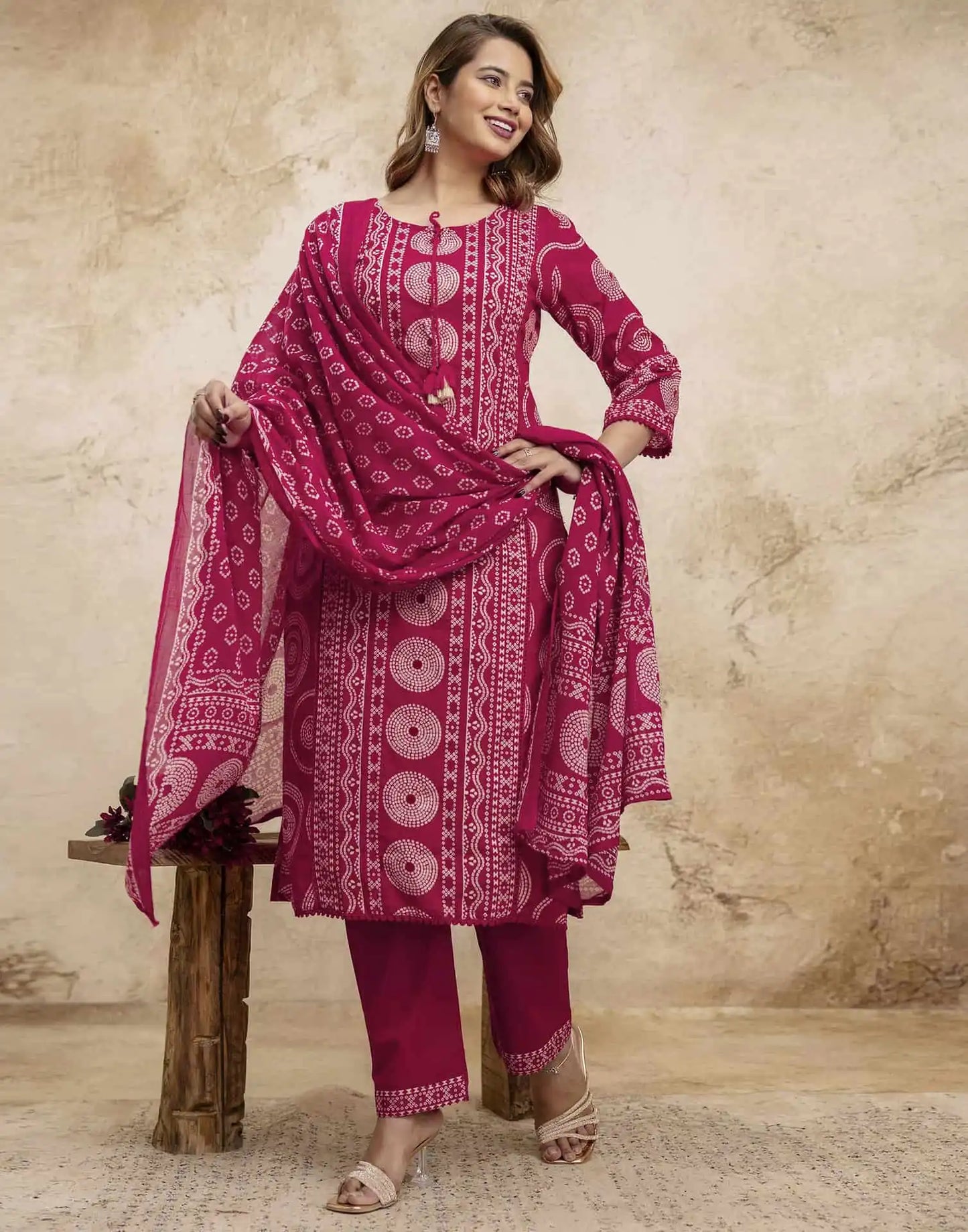 Pink Cotton Bandhani Printed Straight Kurta Set with Pant and Dupatta