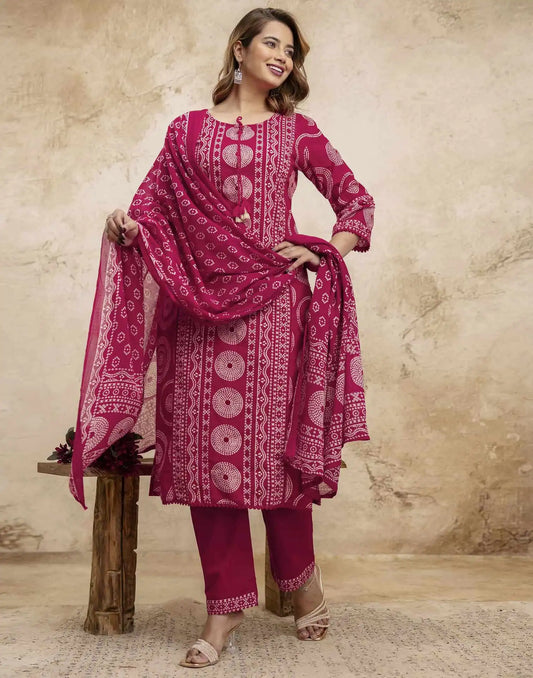 Pink Cotton Bandhani Printed Straight Kurta Set with Pant and Dupatta