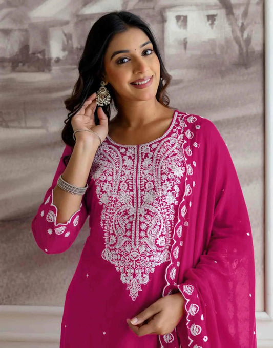Cotton Embroidered Straight Kurta with Pant & Dupatta