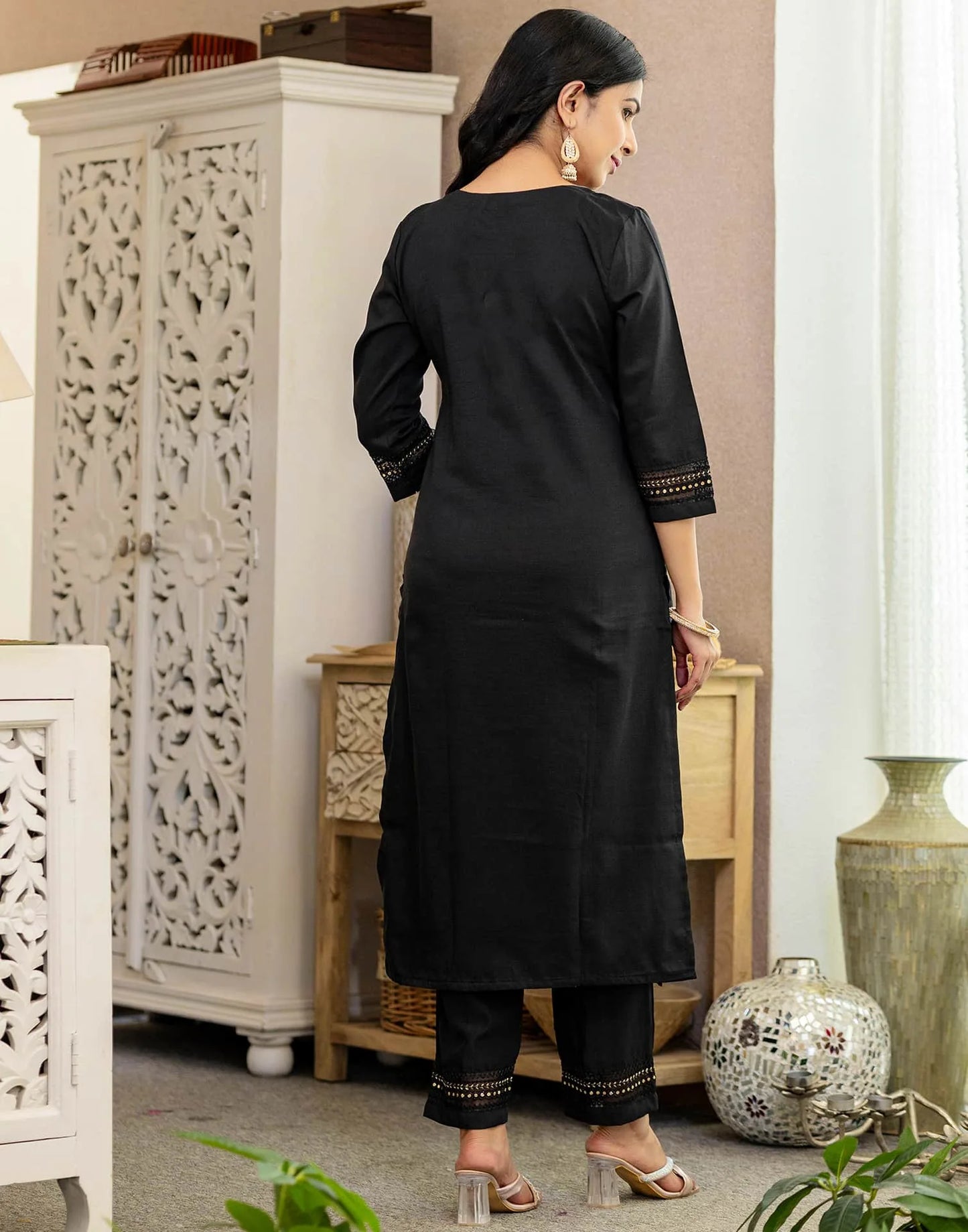 Black Silk Blend Embroidery and Sequins Work Straight Kurta with Pant and Dupatta