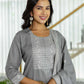 Grey Cotton Woven Straight Kurta Set with Pant & Dupatta under 1250