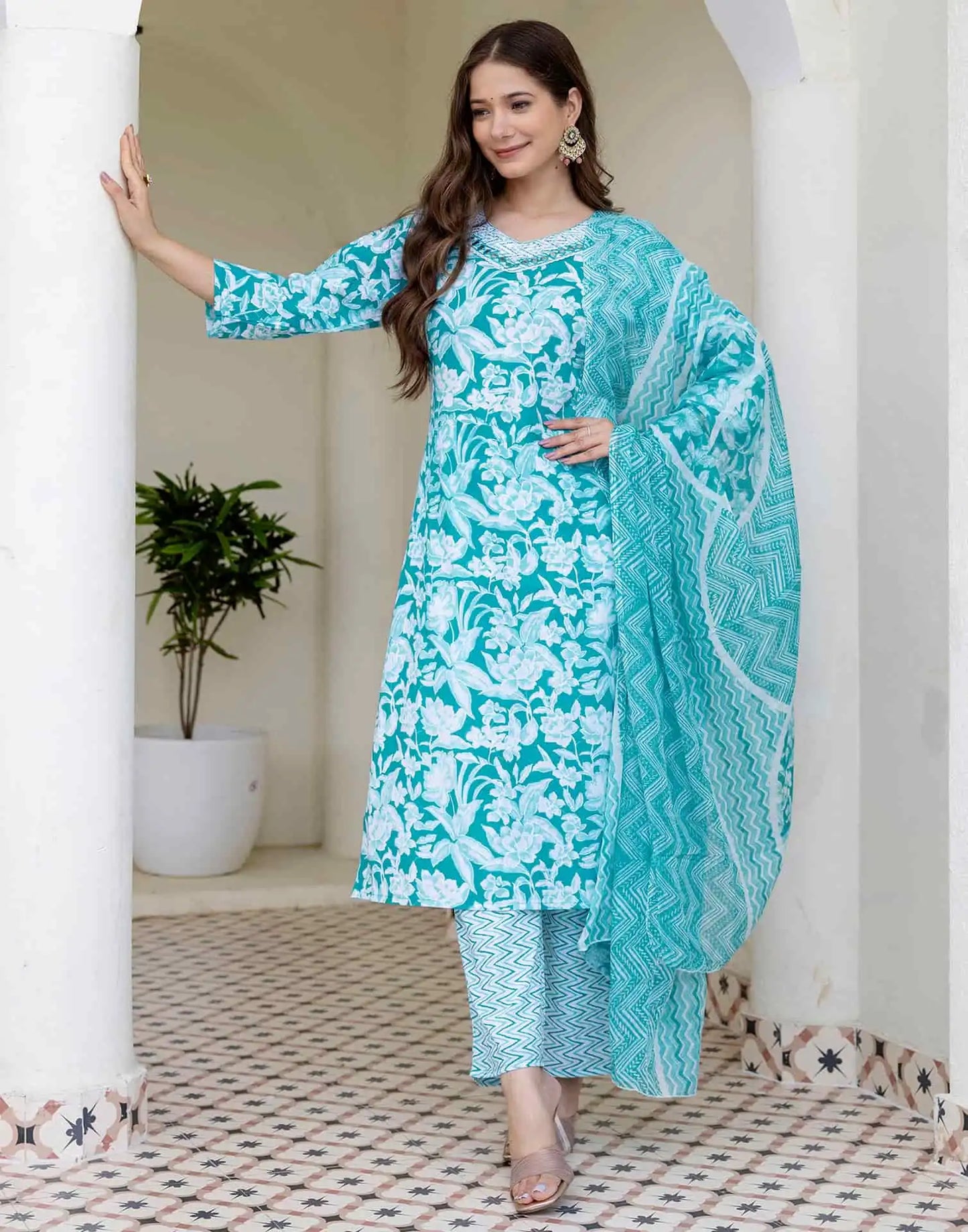 Cotton Printed Straight Kurta with Pant & Dupatta
