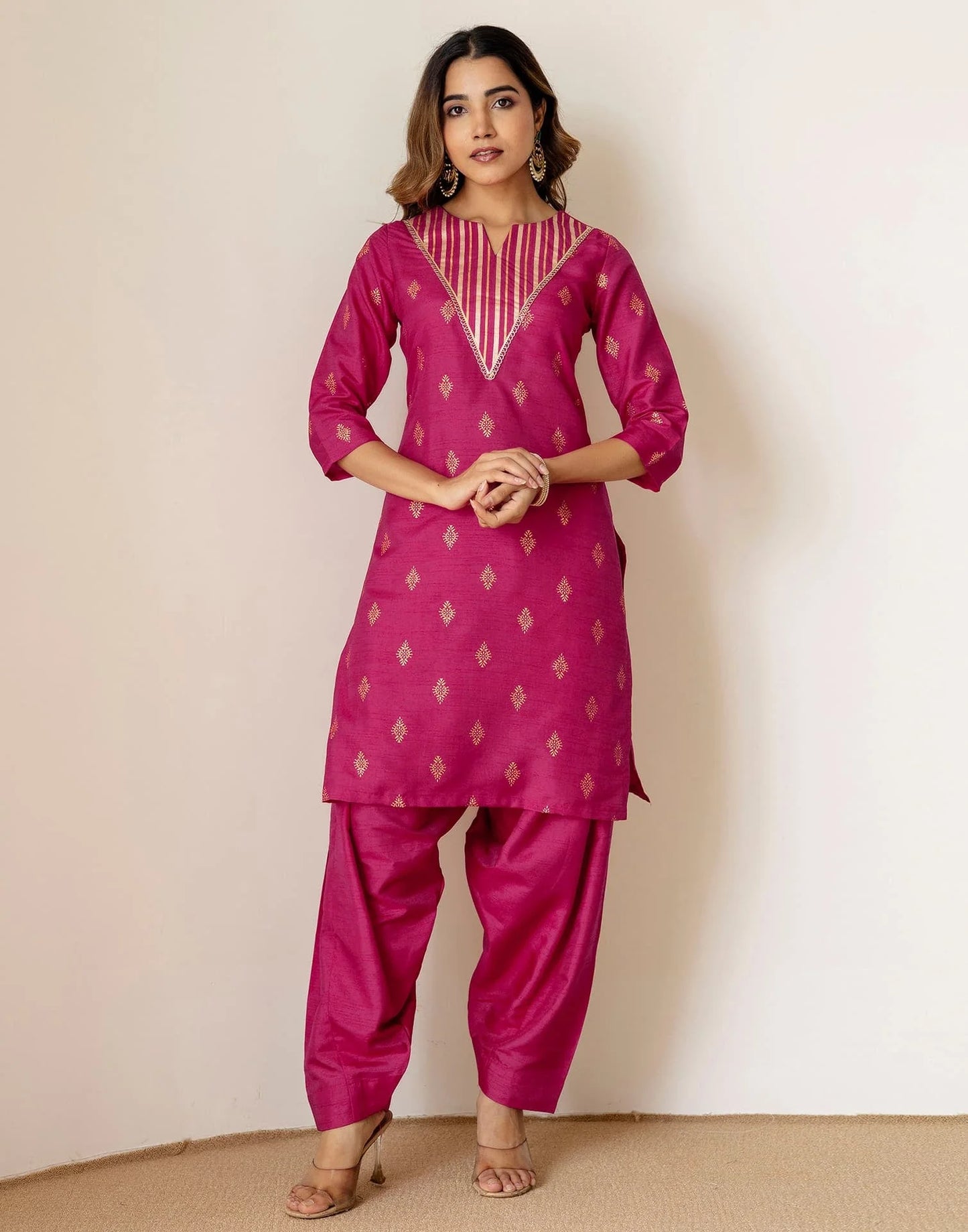 Silk Blend Straight Printed V-Neck Kurta with Pant & Dupatta