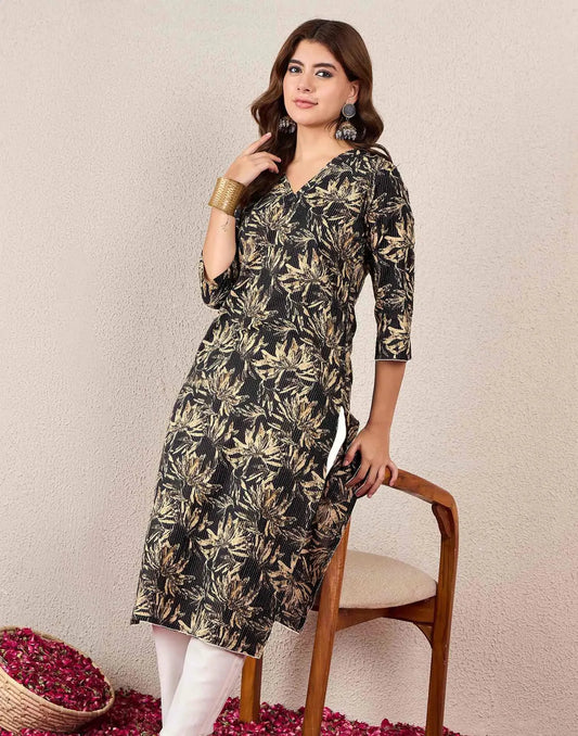 Cotton Embroidered Straight V-Neck Kurti