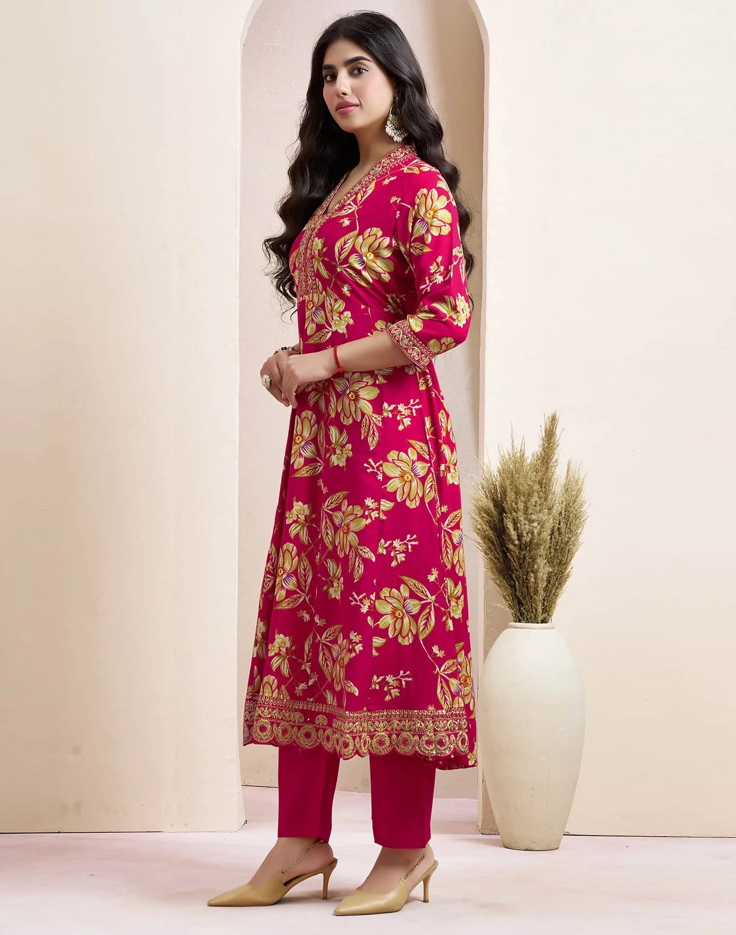 Pink Cotton Printed Anarkali Kurta Set with Pant & Dupatta for Women V-Neck, Casual & Festival Wear Under 1299