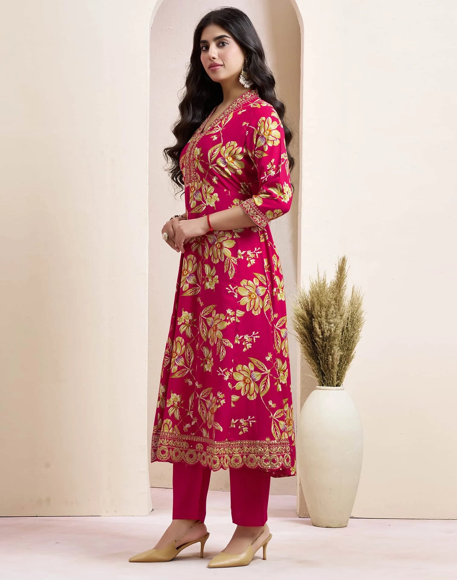 Pink Cotton Printed Anarkali Kurta Set with Pant & Dupatta for Women V-Neck, Casual & Festival Wear Under 1299